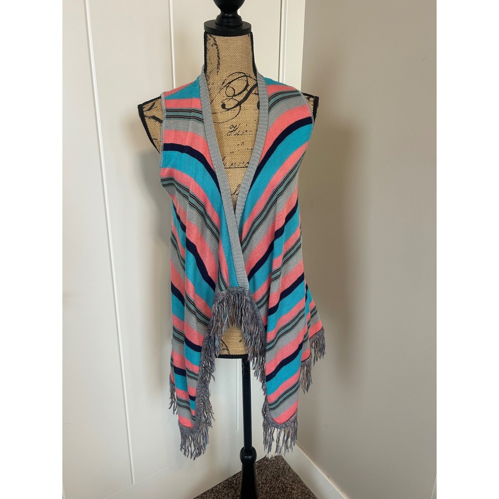 Say What? Multicolor Striped Open Front Knit Vest Fringe Hem Hippie Size M